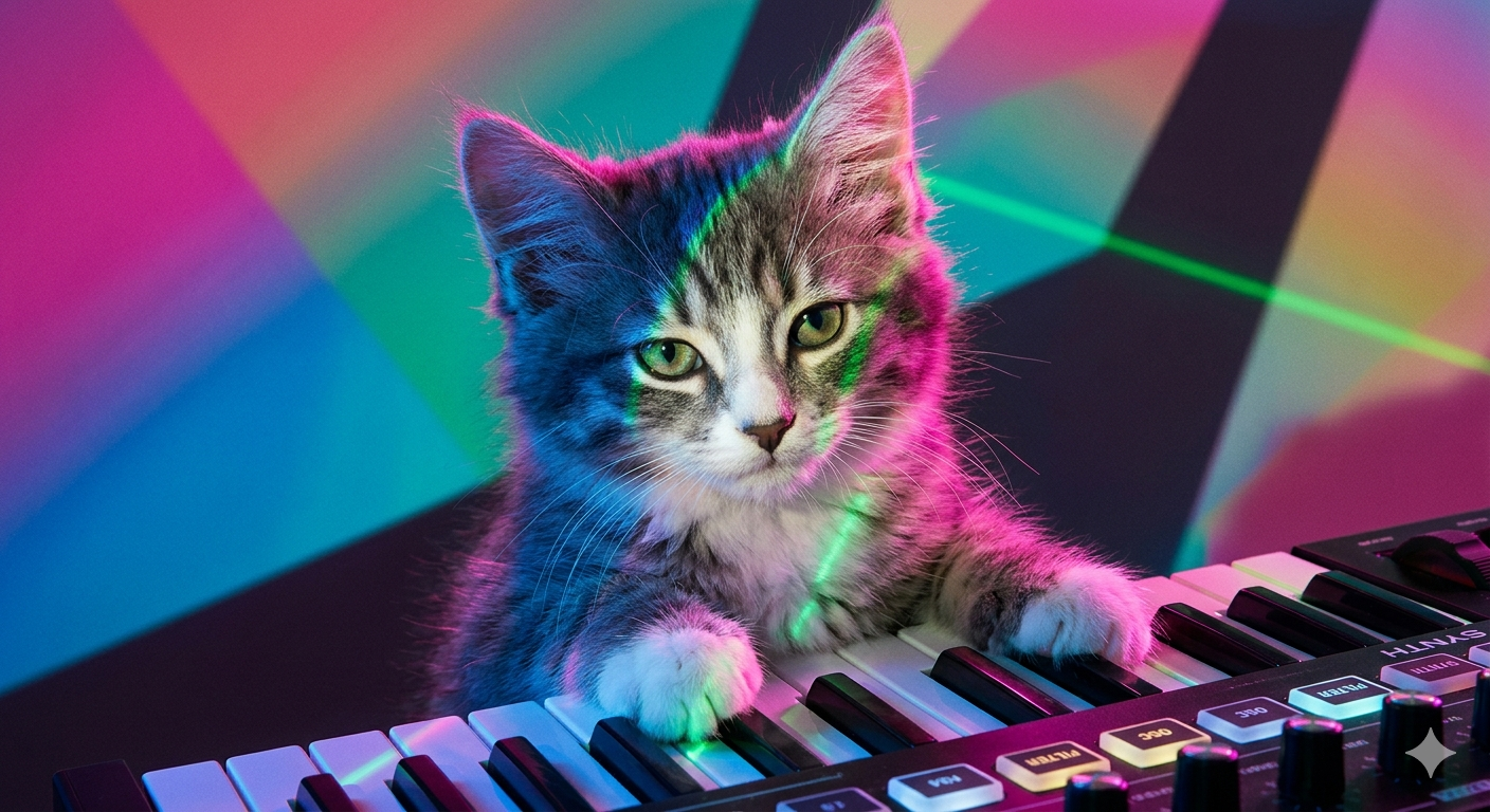 Котик у синтезатора